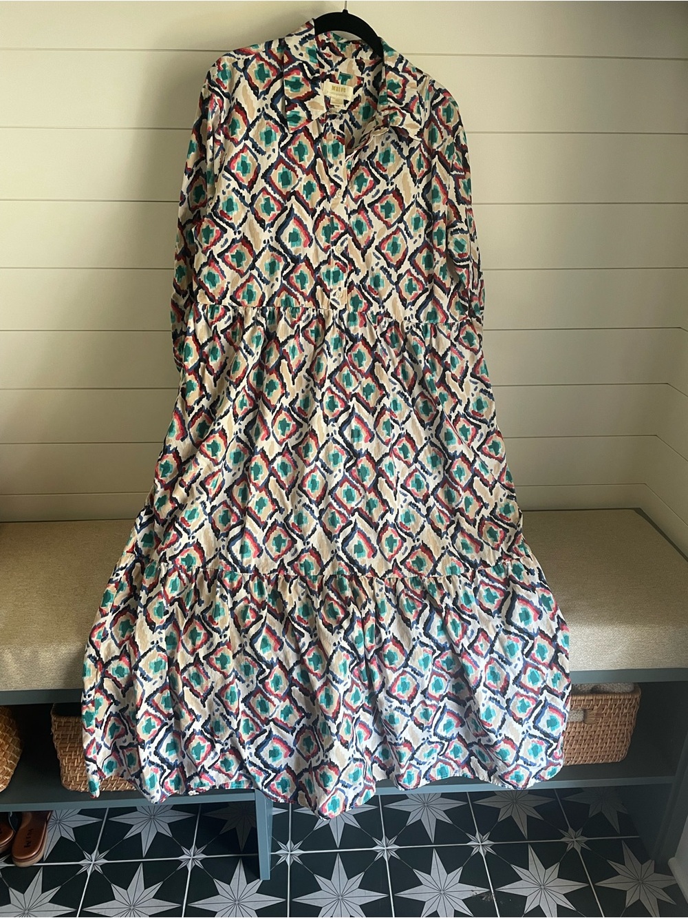 Anthropologie Maeve Bettina Cotton Midi Shirt Dress Size L in Ikat Print